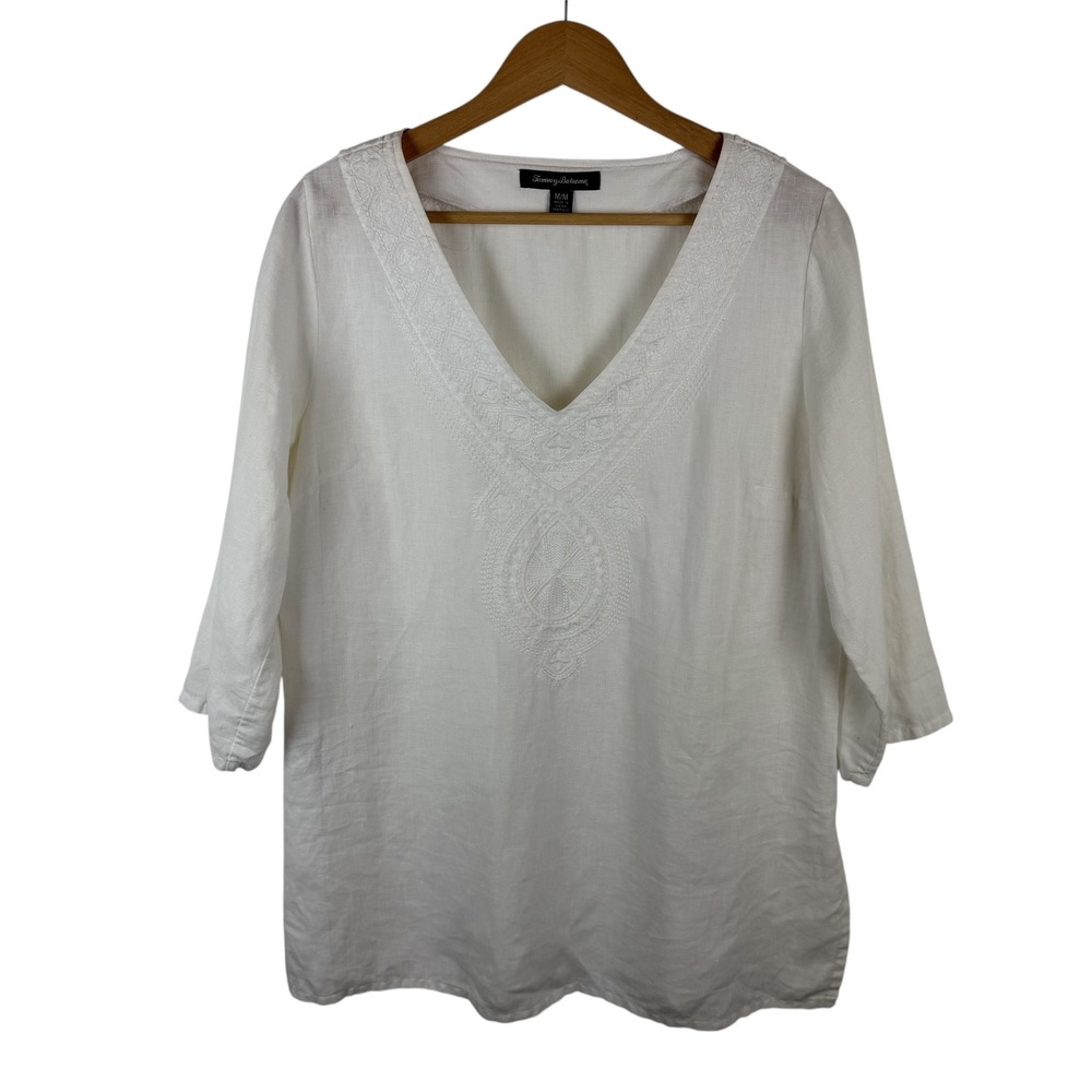 Tommy Bahama White Linen Embroidered V-Neck Tunic Top Medium Coastal Beachy